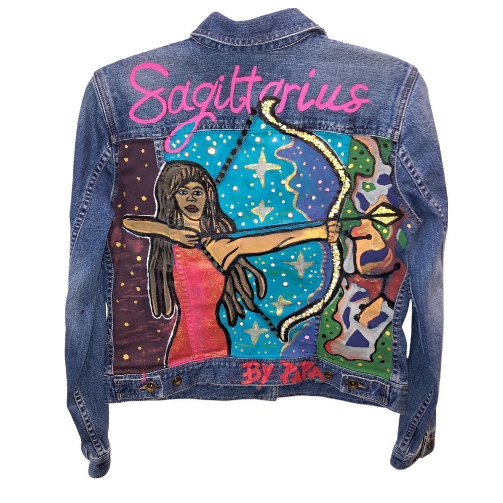 Lauren Jeans Medium Denim Jacket Hand Painted Sagittarius Eclectic Art To Wear